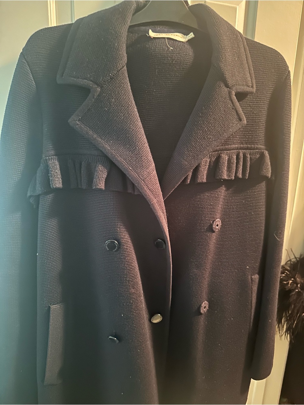 Tory Burch Navy Blue Double-Breasted Ruffle-Trim Pea Coat EUC